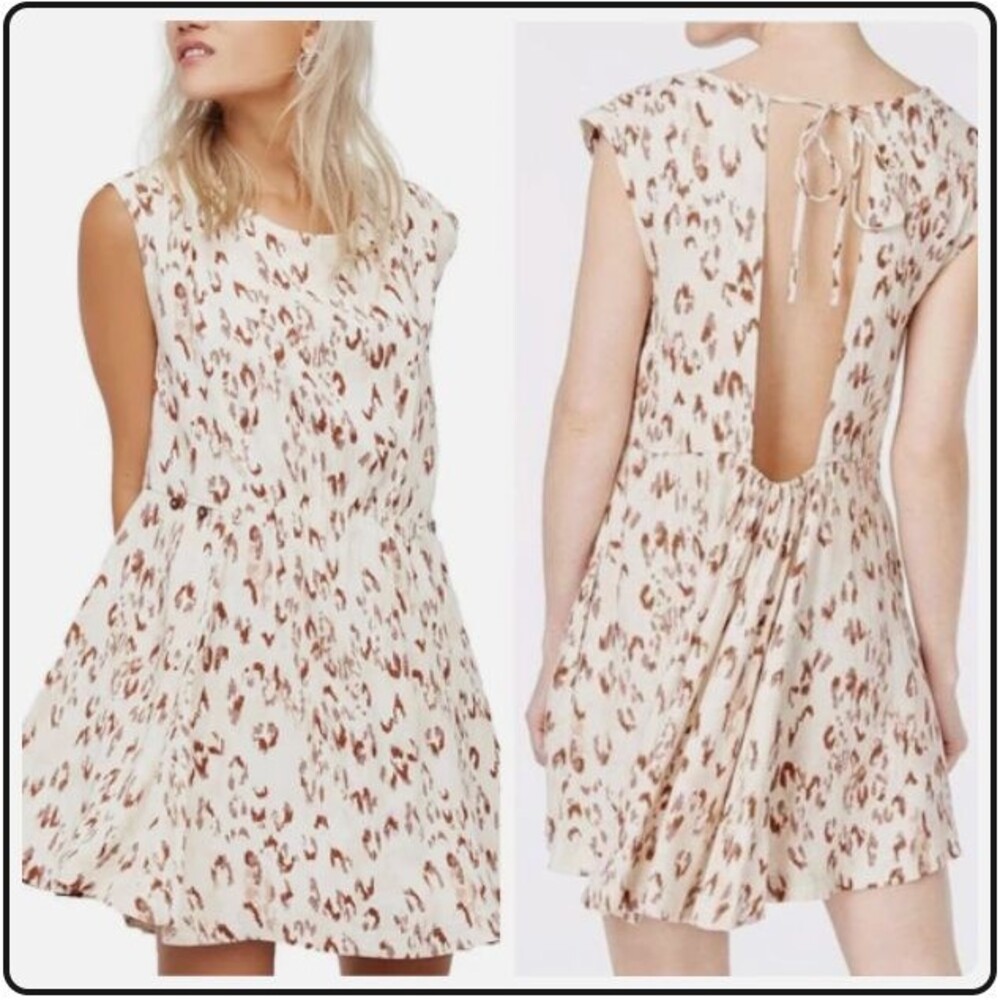 Free People Fake Love Leopard Mini Dress Open Back Boho Coquette L